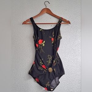 Roxanne Black One Piece Swim Suit With Red Roses    Size  12(34D)